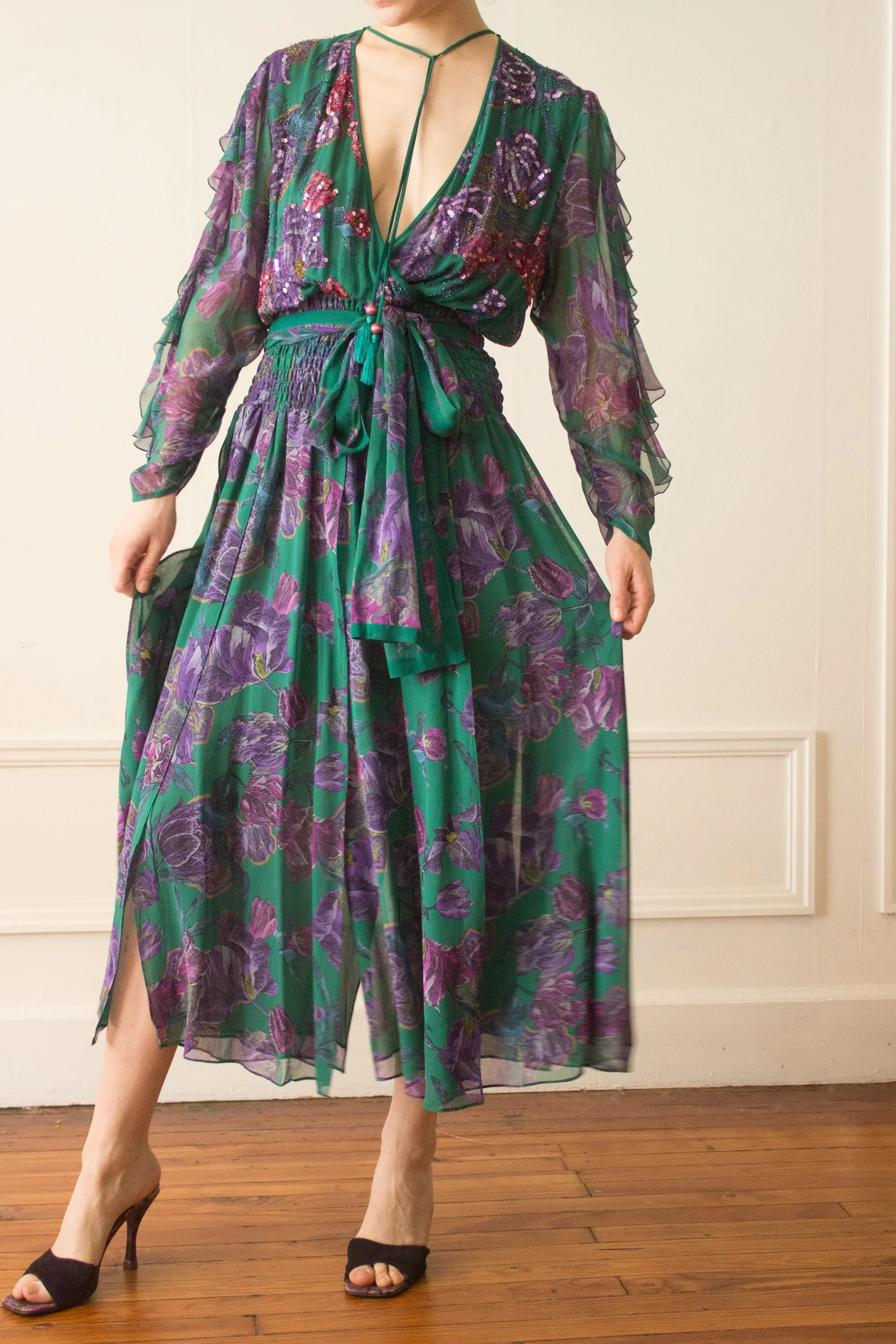 Diane Freis シルク100% スパンコール　ドレスL〜LL 1980s Diane Freis Silk Sequined Dress — Wayward Collection